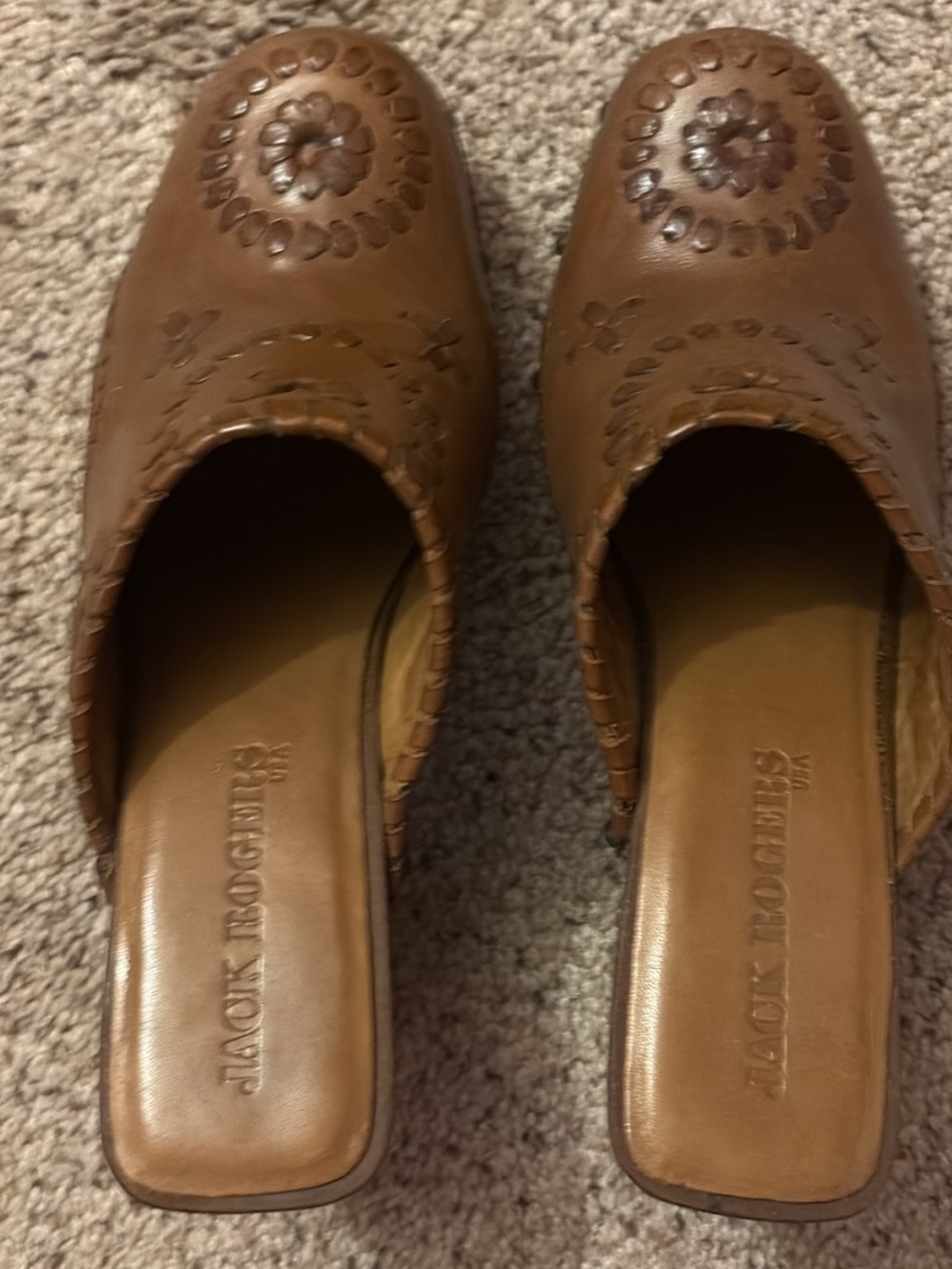 Jack Rogers Tan Floral-Tooled Leather Mule Clogs